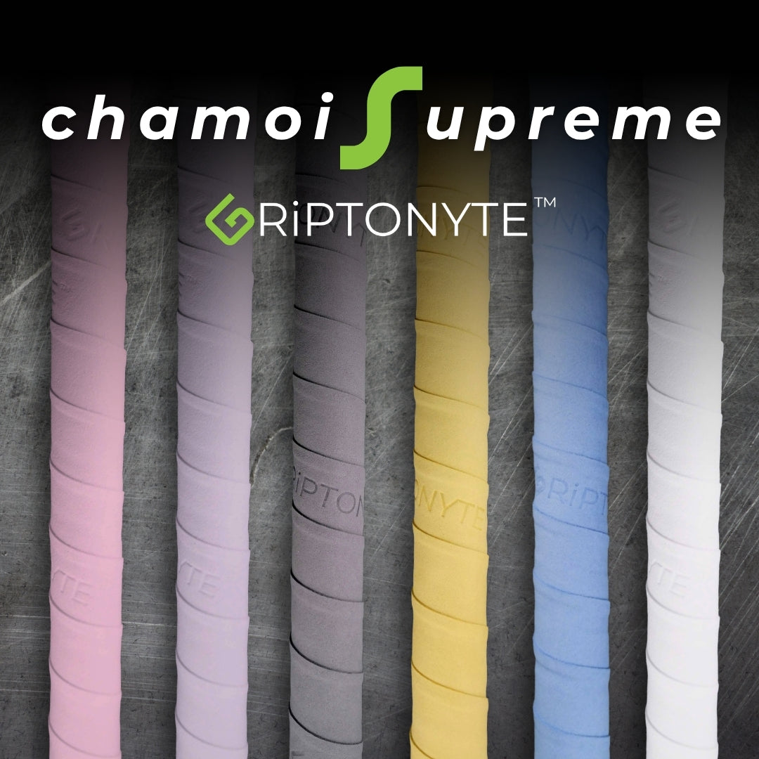 Six Chamois Supreme hockey grips laid flat in Cloud, Sky, Mango, Asphalt, Peach, and Grape colours